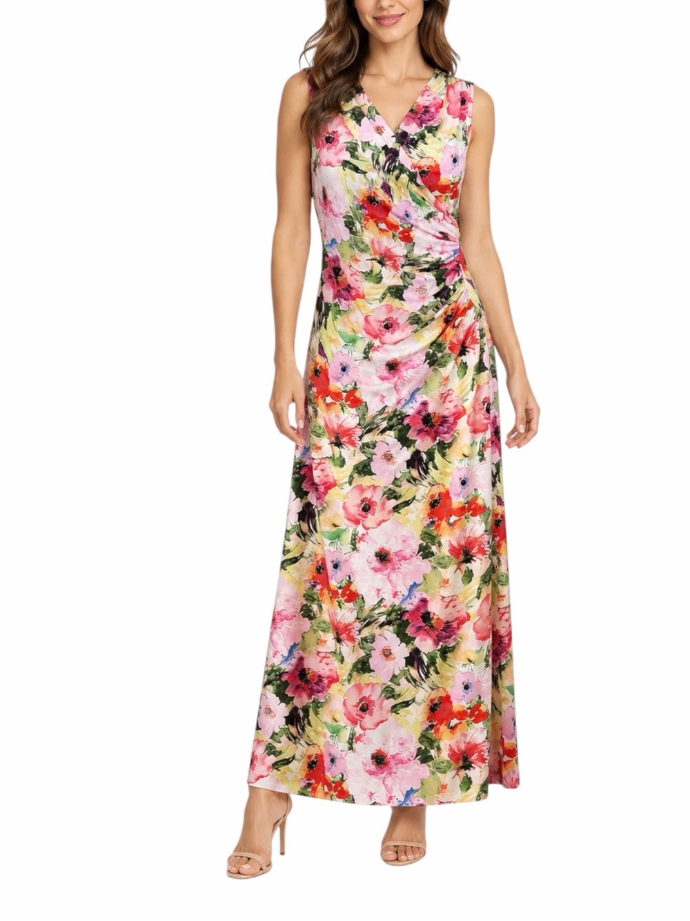 Kate and Mallory Maxi Dress XL Ruched Floral Surplice Stretch Pink Green Resort